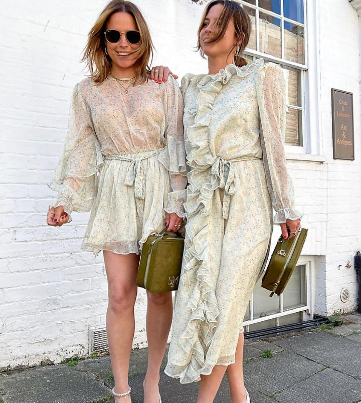 Labelrail X Collyer Twins Maxi Dress With Ruffle Detail And Rope Belt In Delicate Floral-orange