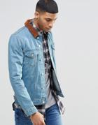 Asos Denim Jacket In Slim Fit In Stone Wash With Cord Collar - Blue