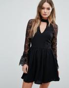 Lipsy Lace Skater Dress With Choker Detail - Black
