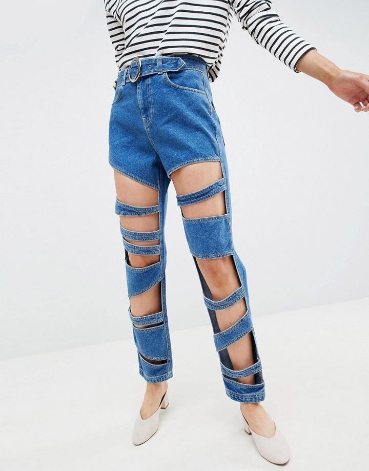 Asos Design Farleigh High Waist Slim Mom Jeans With Festival Strap Detail In Mid Blue Wash - Blue