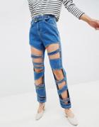 Asos Design Farleigh High Waist Slim Mom Jeans With Festival Strap Detail In Mid Blue Wash - Blue