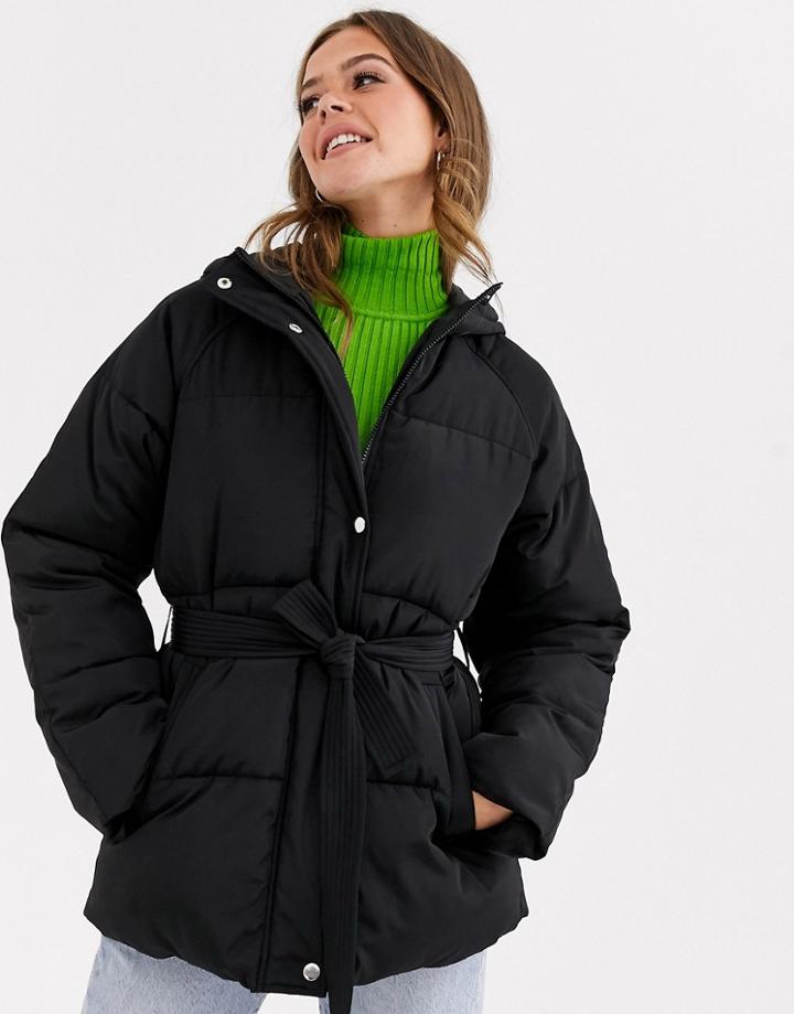 Asos Design Tie Waist Puffer Jacket In Black