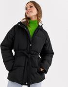 Asos Design Tie Waist Puffer Jacket In Black