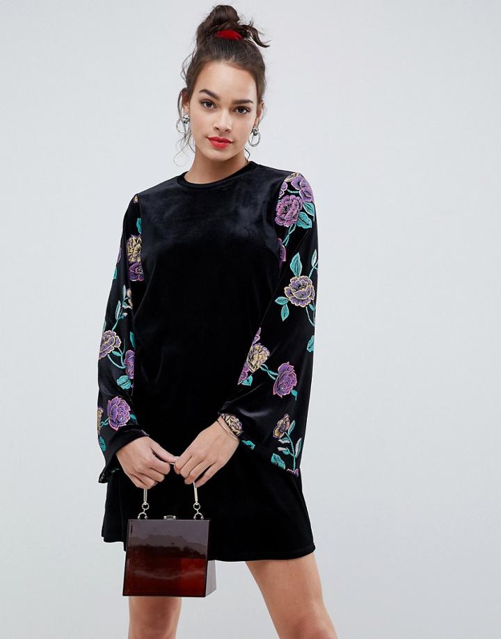Asos Design Velvet Sweat Dress With Puff Print - Multi