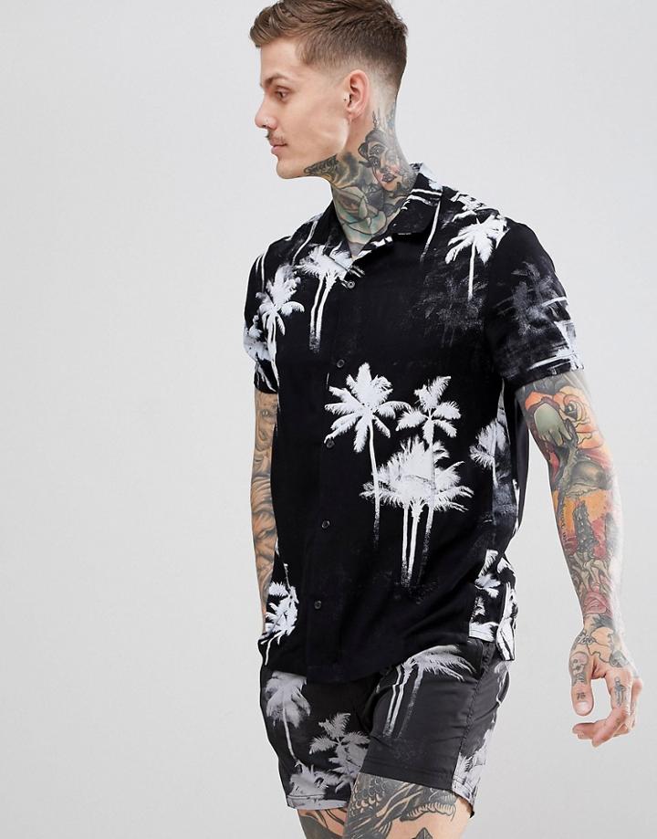 Religion Co-ord Revere Collar Rayon Short Sleeve Shirt In Palm Print - Black