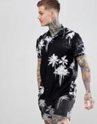 Religion Co-ord Revere Collar Rayon Short Sleeve Shirt In Palm Print - Black