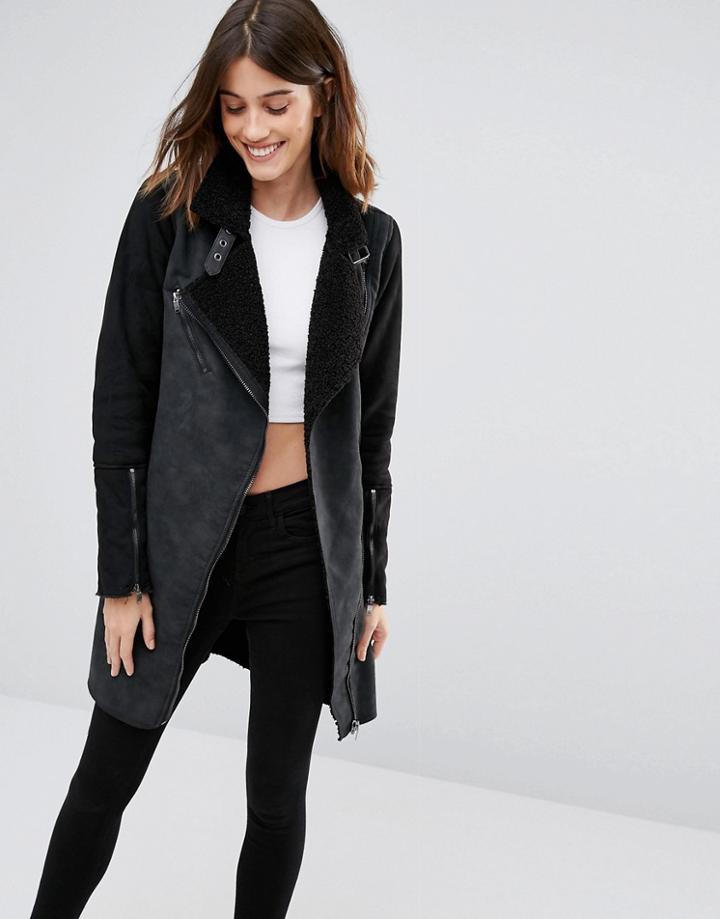 Only Longline Faux Shearling Contrast Biker Coat - Black
