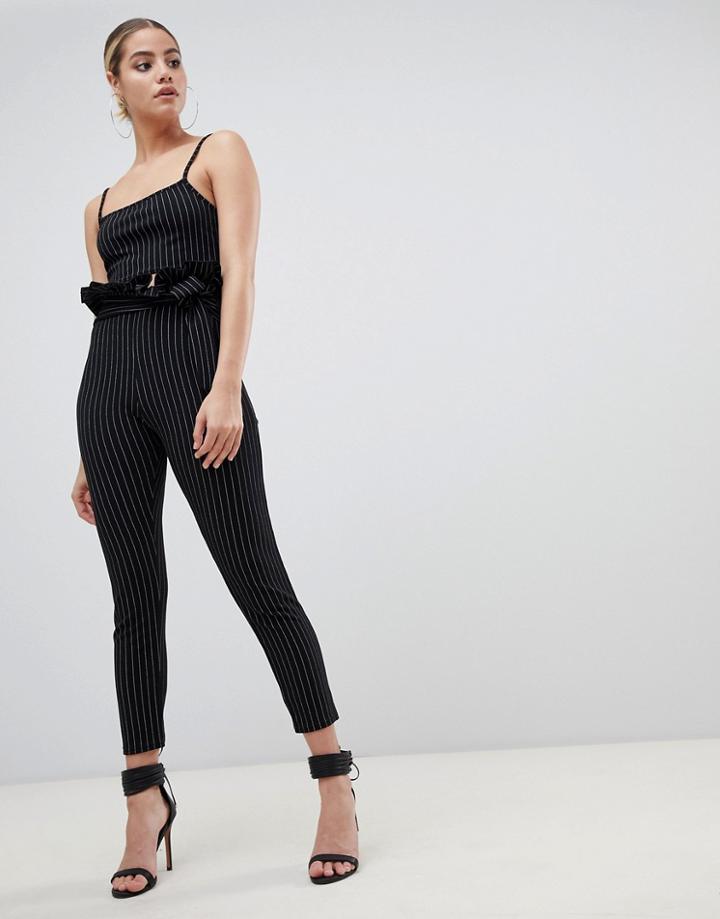 Prettylittlething Paperbag Pants In Black Pinstripe - Black