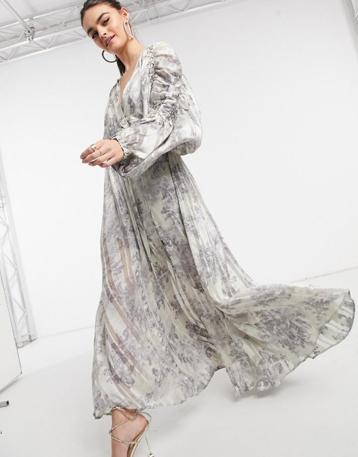 Asos Design Chain Insert Printed Maxi Dress In Floral Print And Satin Stripe-green