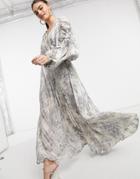 Asos Design Chain Insert Printed Maxi Dress In Floral Print And Satin Stripe-green