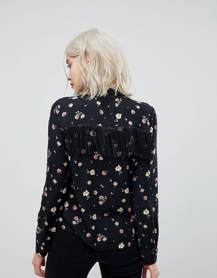 Asos Western Fringe Back Shirt In Retro Ditsy - Multi