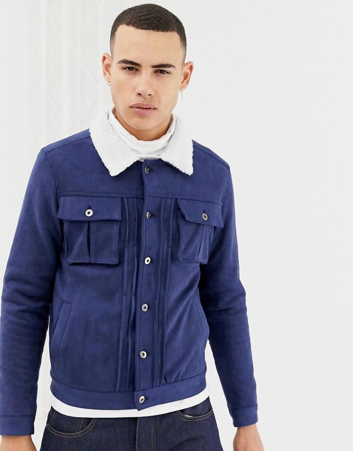 Another Influence Faux Suede Jacket With Fleece Collar - Navy