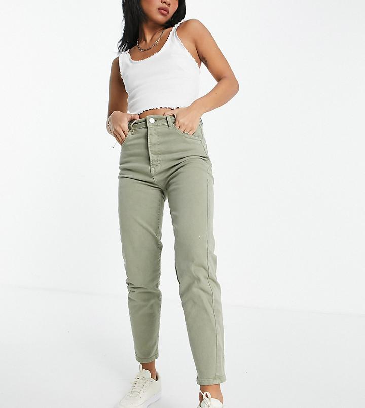 Stradivarius Petite Slim Mom Jean With Stretch In Washed Khaki-green