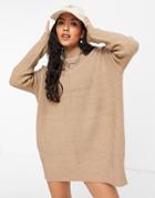 Miss Selfridge Long Sleeve Longer Line Funnel Neck Sweater In Camel-brown
