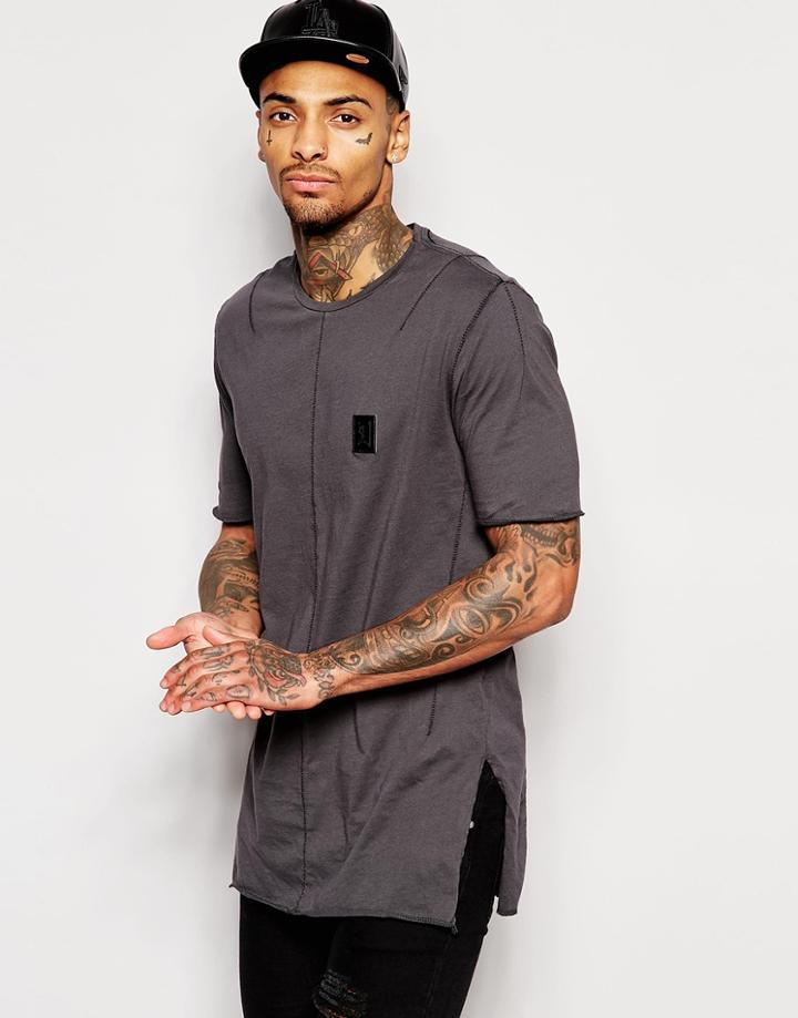 Religion Longline T-shirt With Badge & Side Split - Dark Metal