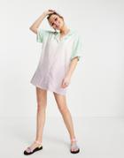 Asos Design Mini Shirt Dress In Terrycloth Dip Dye Pastel Green And Pink-multi