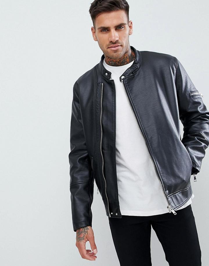 Asos Design Faux Leather Racing Biker Jacket - Black