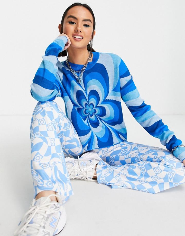 Asos Design Sweater With 70's Flower Pattern In Blue-blues