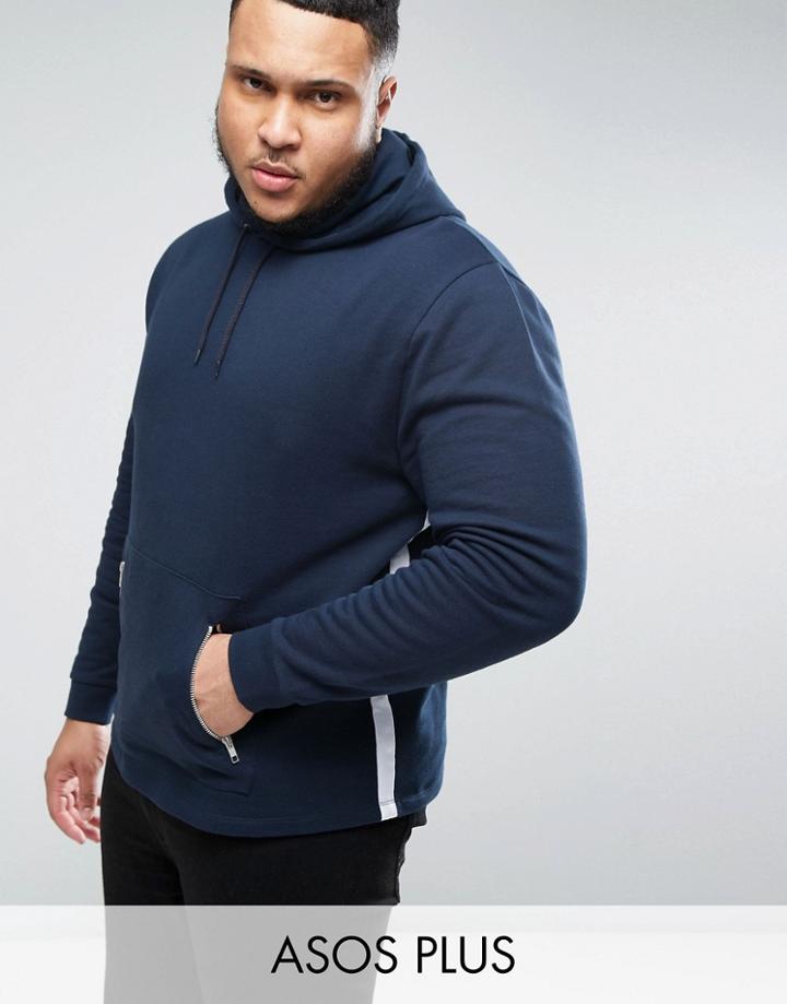 Asos Plus Hoodie With Tape Detail & Zip Pockets - Navy