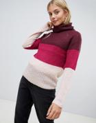 Brave Soul Roll Neck Sweater In Block Stripe - Pink