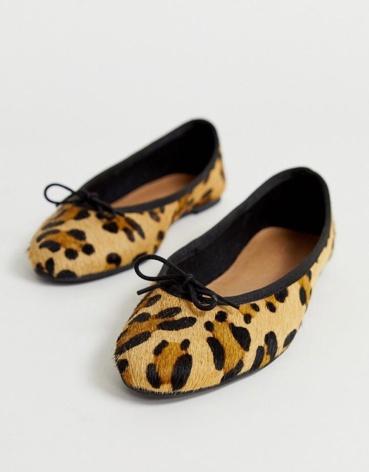 Asos Design Lenor Leather Bow Ballet Flats In Leopard - Multi