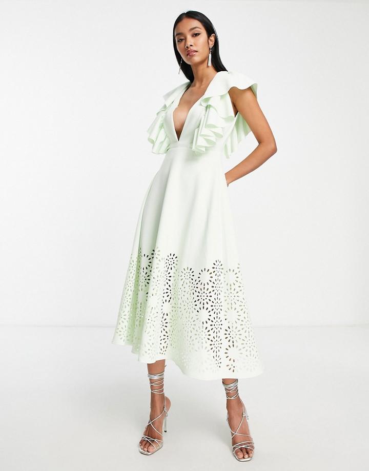 Asos Design Plunge Neck Cutwork Midi Prom Dress In Mint-multi