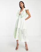 Asos Design Plunge Neck Cutwork Midi Prom Dress In Mint-multi