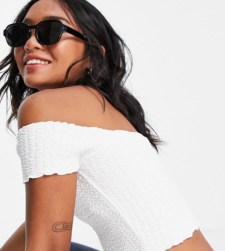 Topshop Petite Shirred Bardot Top In White