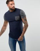 Asos Longline Muscle T-shirt With Curved Hem With Inject Pocket And Sleeve - Navy