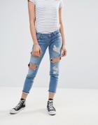 Only Destroyed Patched Boyfriend Jeans - Blue