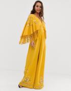 Asos Design Kimono Sleeve Fringe Embroidered Jumpsuit-yellow