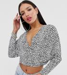 Asos Design Tall Wrap Top With Batwing Sleeve In Dalmation Polka Dot-white
