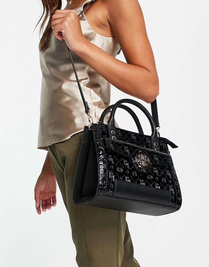 River Island Embossed Patent Monogram Tote Bag In Black