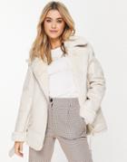 Stradivarius Faux Leather Aviator Coat In Ecru-white