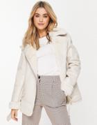 Stradivarius Faux Leather Aviator Coat In Ecru-white