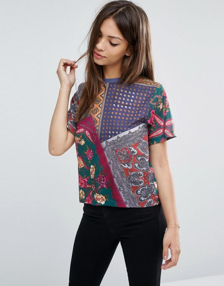 Asos Crop T-shirt In Scarf Print - Multi