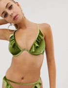 Prettylittlething Olive Velvet Frill Underwire Bikini Top - Green