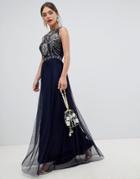 Frock & Frill Sleeveless Open Back Maxi Dress With Embellished Detail - Blue