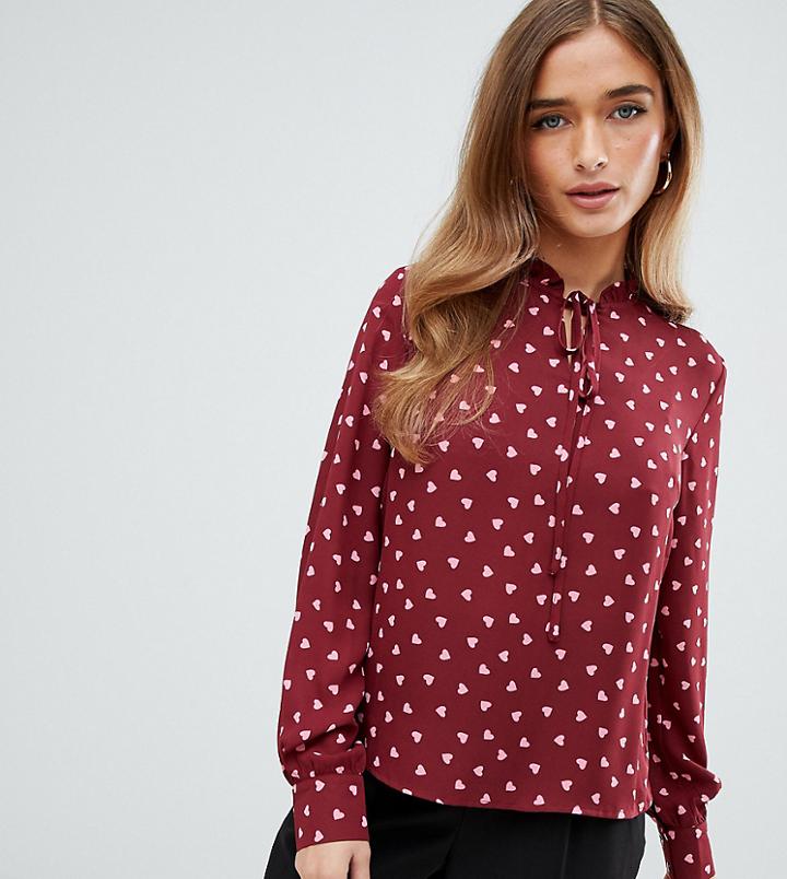 Fashion Union Petite Tie Neck Blouse In Heart Print - Red