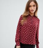 Fashion Union Petite Tie Neck Blouse In Heart Print - Red