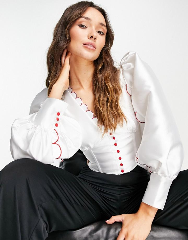 Lost Ink Scallop Detail Button Through Blouse In White