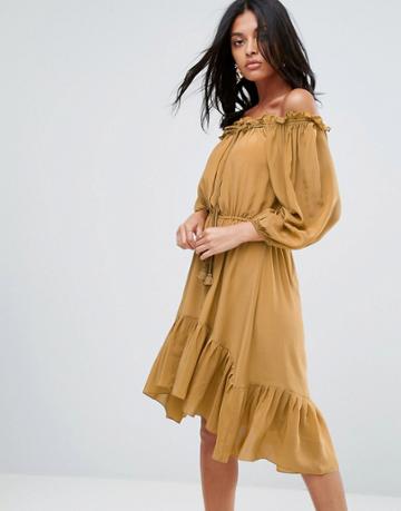 To Be Adored Lorna Silk Off Shoulder Tassel Dress - Tan