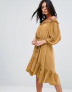 To Be Adored Lorna Silk Off Shoulder Tassel Dress - Tan