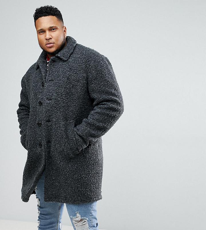 Asos Plus Borg Overcoat In Charcoal - Gray