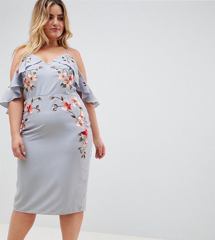 Asos Design Curve Embroidered Pencil Dress With Cold Shoulder - Blue