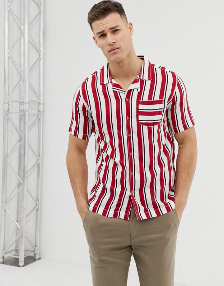 Soul Star Short Sleeve Bowler Stripe Revere Shirt - Red