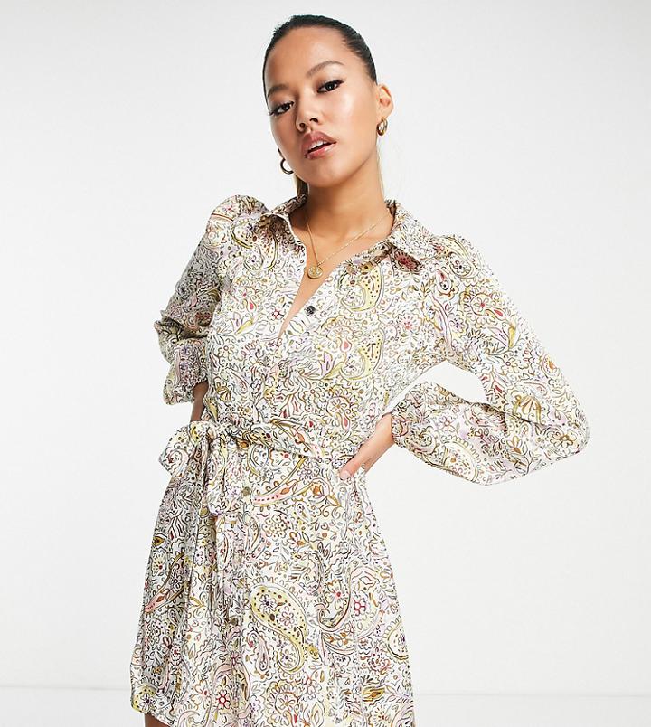 River Island Petite Paisley Satin Shirt Mini Dress In White