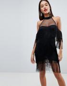 Asos Fringe Cold Shoulder Mini Dress - Black