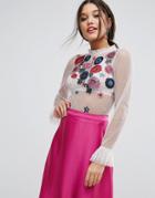 Asos Top In Mesh With Floral Embroidery - Purple
