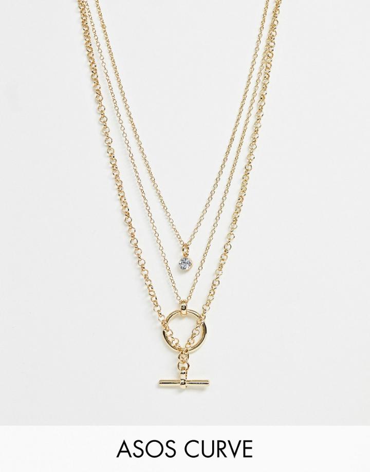 Asos Design Curve Multirow Necklace With Minimal Open Circle And Toggle Pendants In Gold - Gold